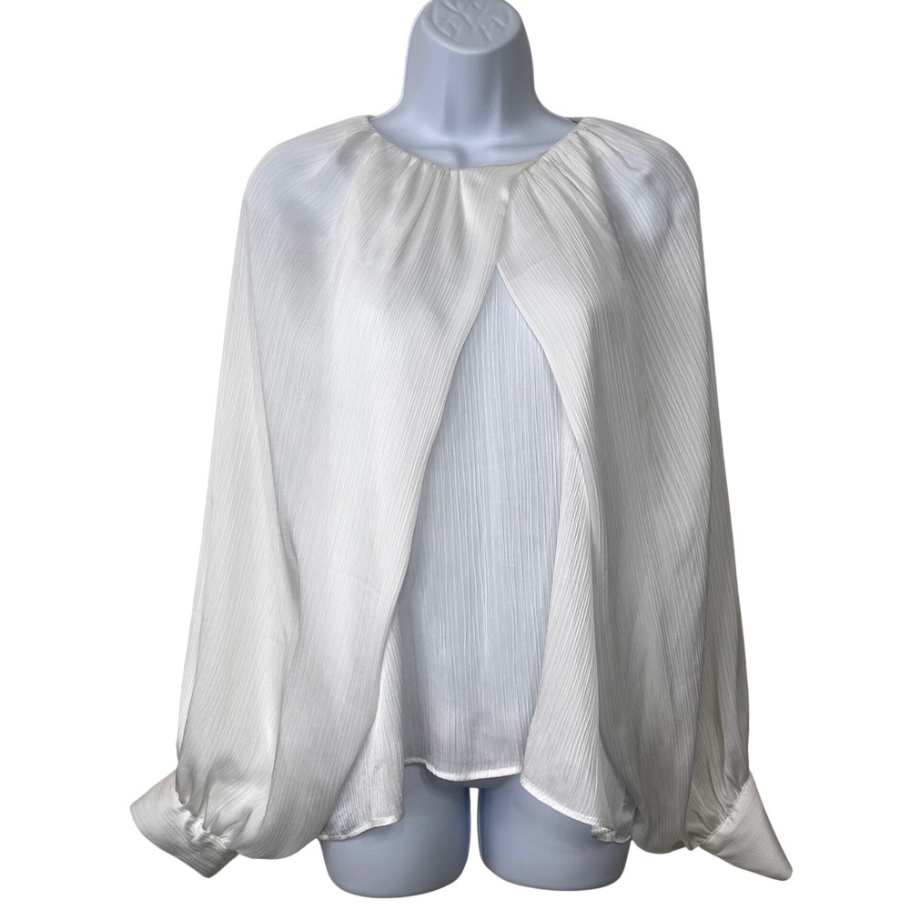 Zara Women's XL White Micro Pleated Cape Sleeve Blouse Avant Garde Ethereal Chic - Picture 1 of 9